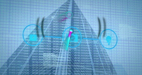 Image of icons and data processing over building and marker