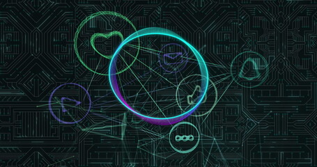 Image of icons and circles over network of connections