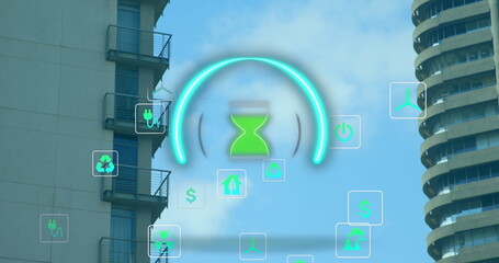 Image of ecology icons and hourglass over cityscape