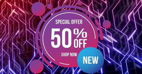Image of 50 percent off over network of connections