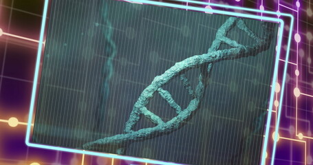 Image of dna strand over moving shapes