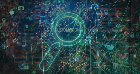 Image of automation text over reading glass and data processing