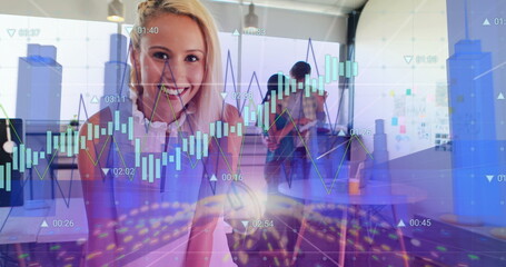 Image of statistics and financial data processing over caucasian businesswoman in office