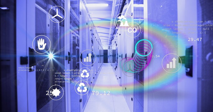 Image of ecology icons and circles over data processing and server room