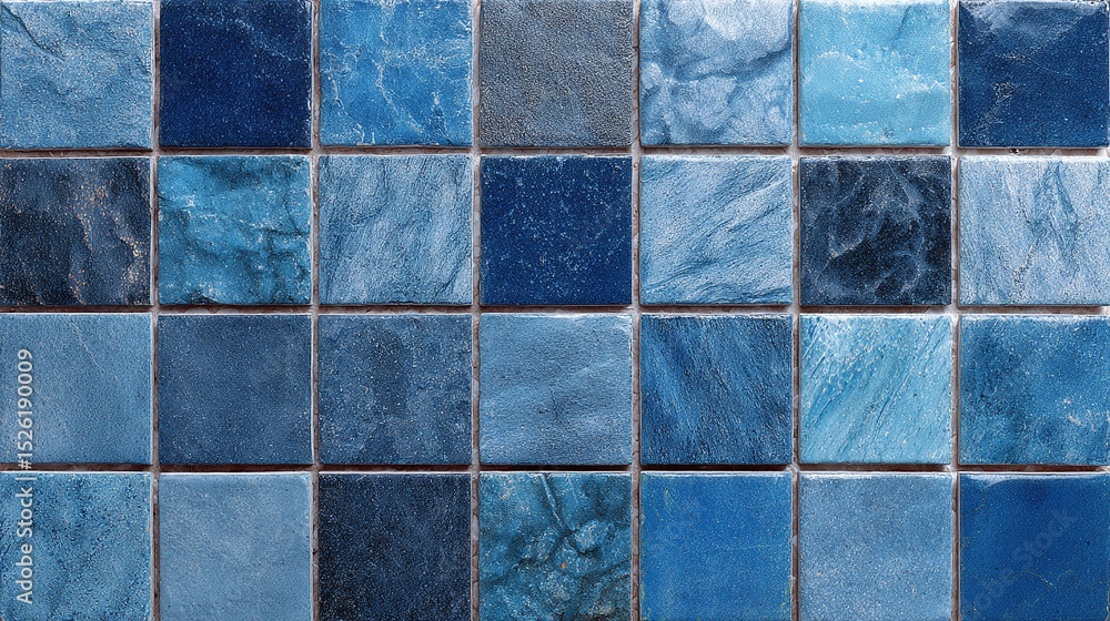 Poster mosaic of blue square tiles in varying shades, creating a textured and visually interesting surface.