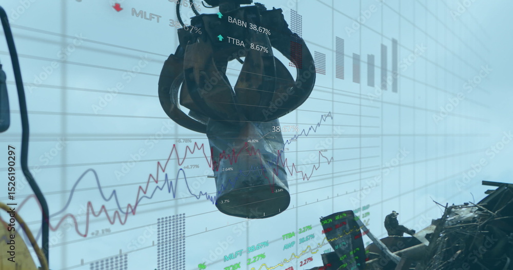 Poster image of statistics and data processing over scrap yard