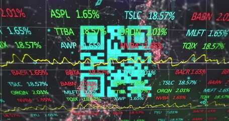 Image of financial data processing and statistics over qr code