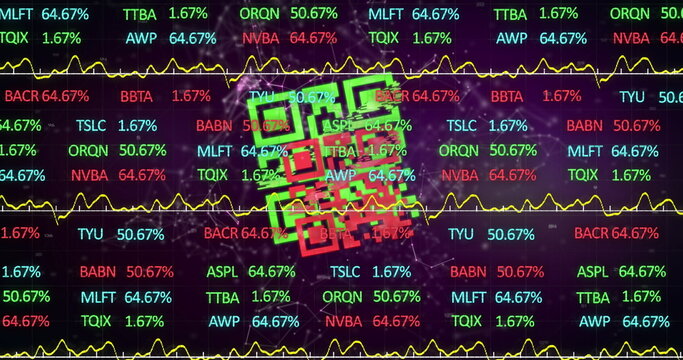 Displaying stylized QR code in data dashboard, with ticker percentages, waveforms, network lines