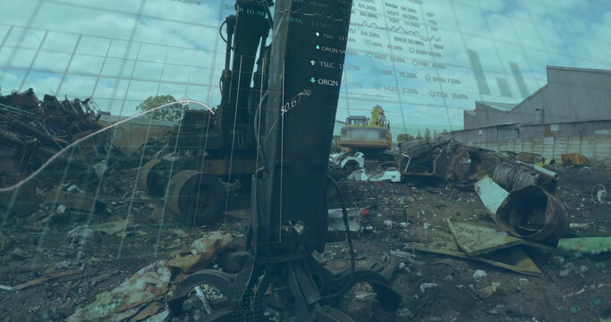 Operating hydraulic metal grapple claw lifting twisted steel beams at scrapyard, scrap metal piles