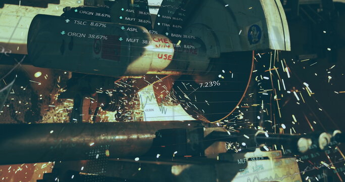 Image of statistics and data processing over grinder in factory - Powered by Adobe