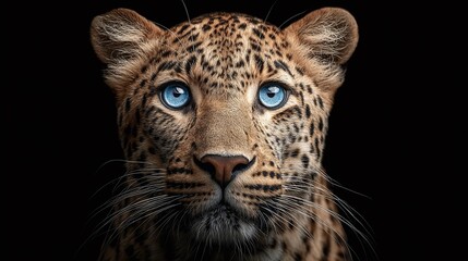 Fototapeta premium Direct gaze from striking leopard, intensely focused with captivating bright blue eyes and spotted coat. Contrasted against stark, black background.