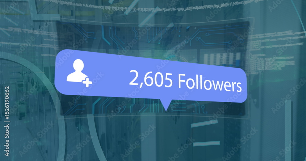 Poster image of social media followers notification and data processing over computer server room