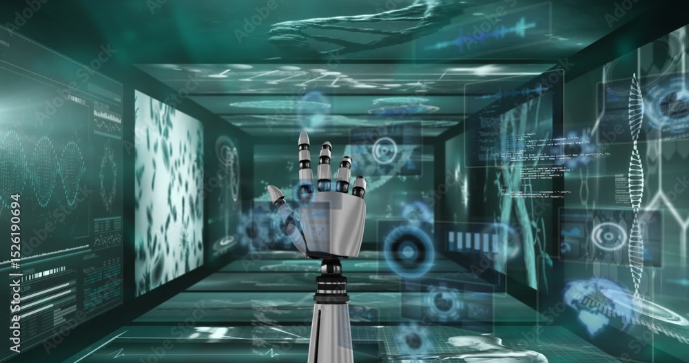 Poster image of robotic arm over data processing on black background