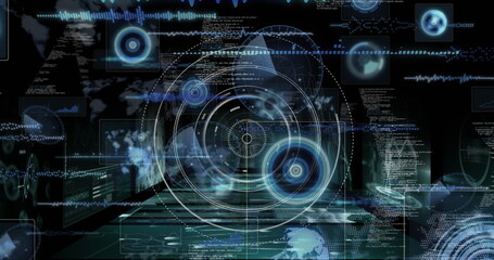 Image of scope scanning over data processing on black background