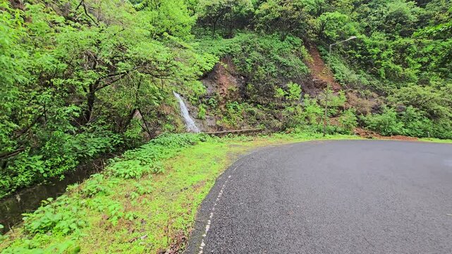 road in the forest, waterfall near roads, 4k video