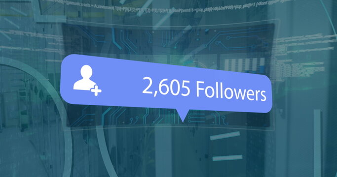 Image of social media followers notification and data processing over computer server room