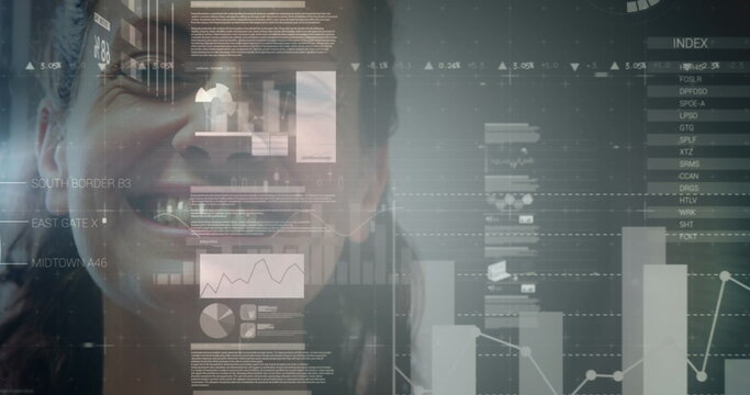 Image of data processing over portrait of caucasian female doctor smiling at hospital