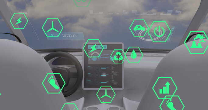 Fototapeta Image of icons and data processing over car interior
