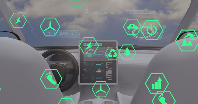 Fototapeta Image of icons and data processing over car interior
