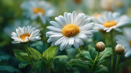 Fototapeta premium Lush meadow of white daisies in full bloom, vibrant yellow centers. Delicate buds signal new beginnings, framed by soft green foliage. Serene nature.