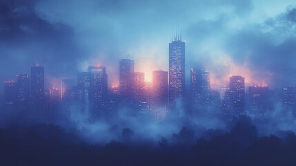 Fototapeta premium foggy city skyline with blue hues and glowing lights creates mysterious atmosphere