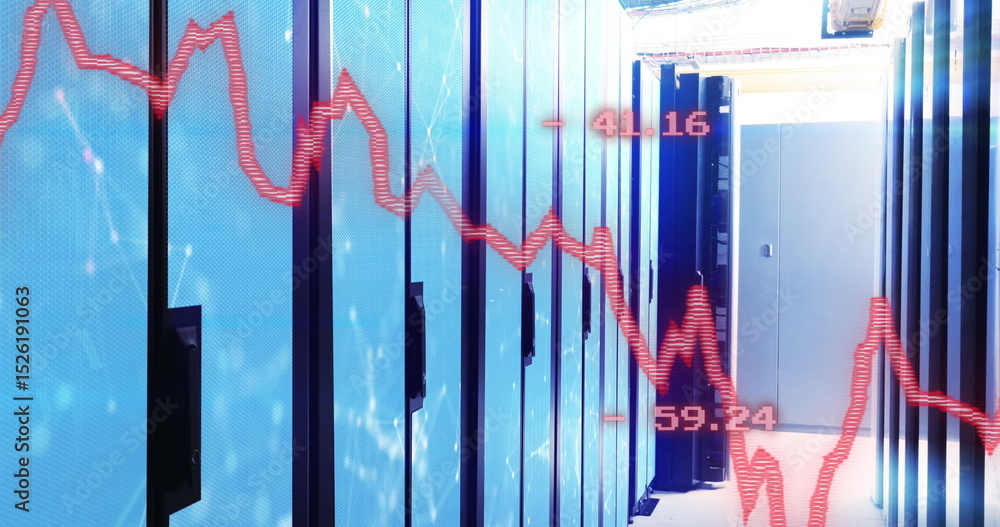 Poster image of financial data processing with graph over server room