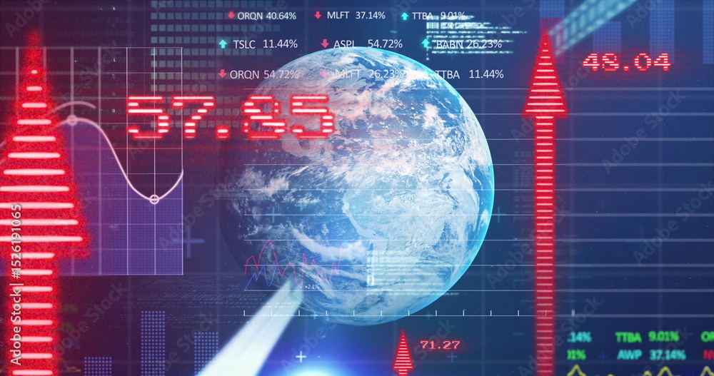 Aufkleber image of financial data processing with arrows and globe on blue background