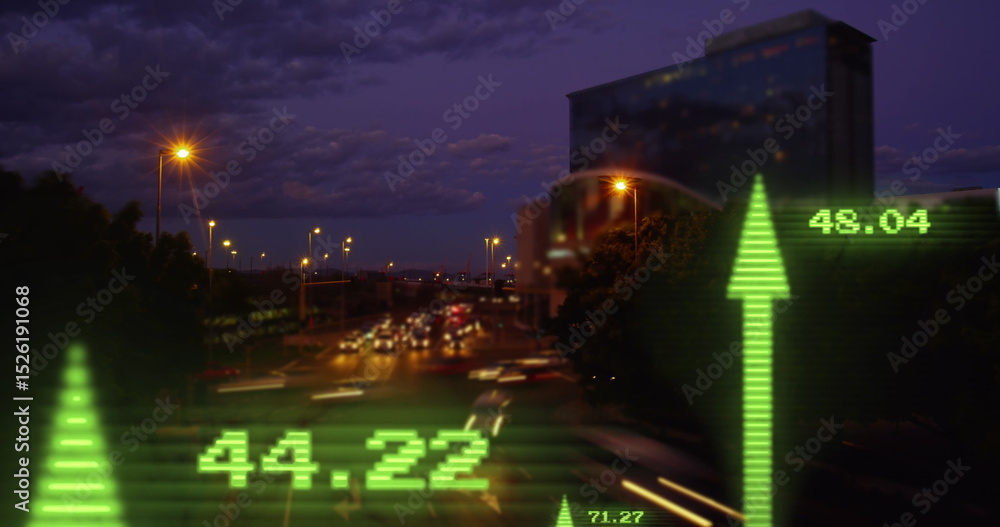 Poster image of financial data processing with arrows over cityscape