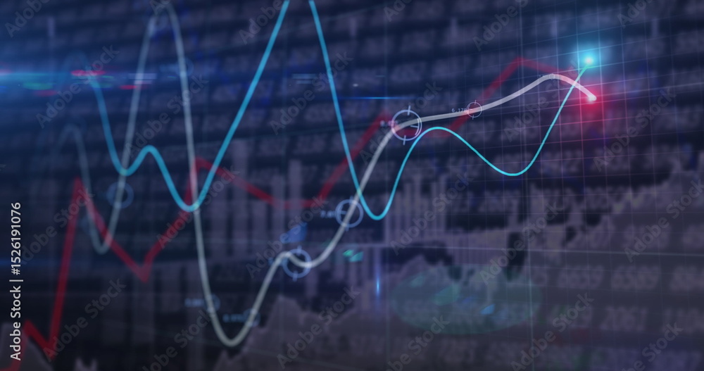 Poster image of financial data processing with graph on black background