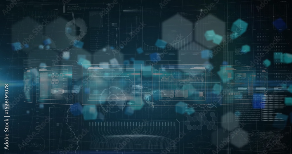 Poster image of hexagons over data processing on black background