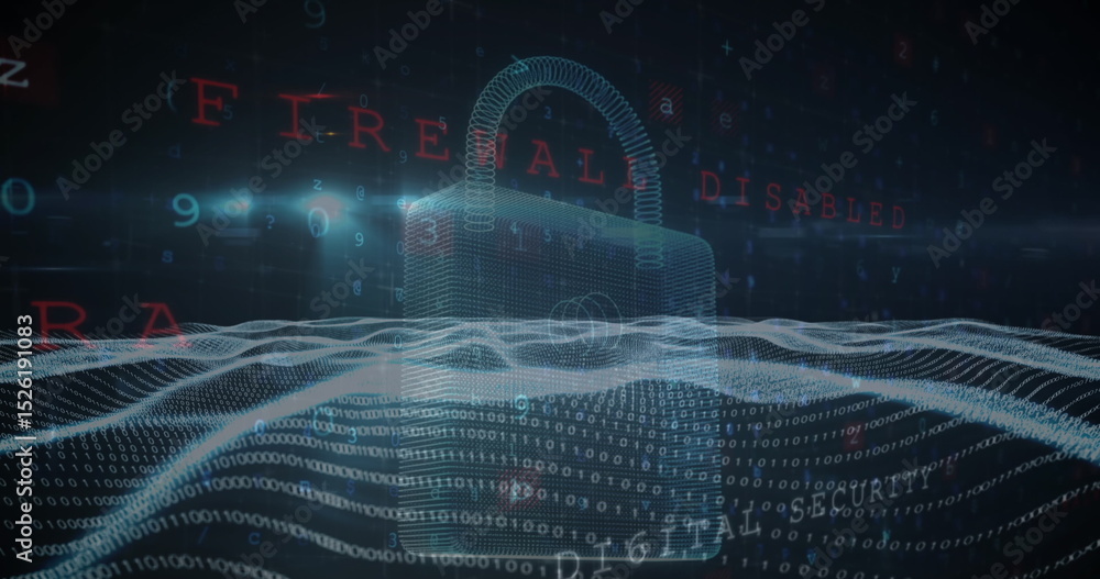 Poster image of data processing over padlock icon on black background