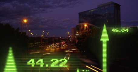 Image of financial data processing with arrows over cityscape