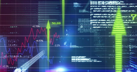 Displaying vertical glowing green arrow rising on dashboard, with red blue line graphs and code