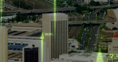 Image of financial data processing with arrows over cityscape