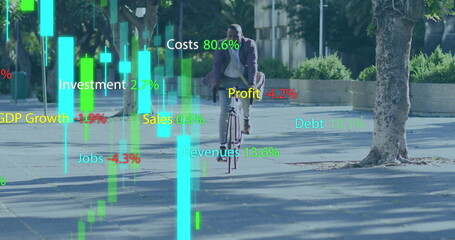 Image of financial data processing with graph over african american businessman riding bike