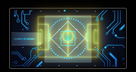Image of neon stadium over data processing and scope scanning on black background