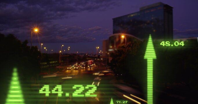 Image of financial data processing with arrows over cityscape