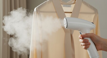 Close up of a hand holding a portable garment steamer, releasing steam to de-wrinkle a cream colored blouse hanging on a clothes hanger. Modern household appliance for clothing care and laundry.