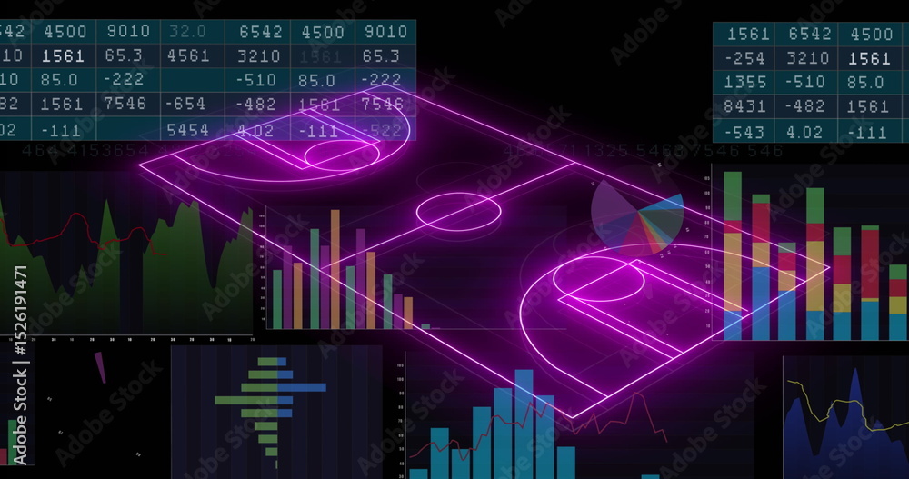 Aufkleber image of computer graphic 3d neon soccer field over data, graphs, charts on digital interface