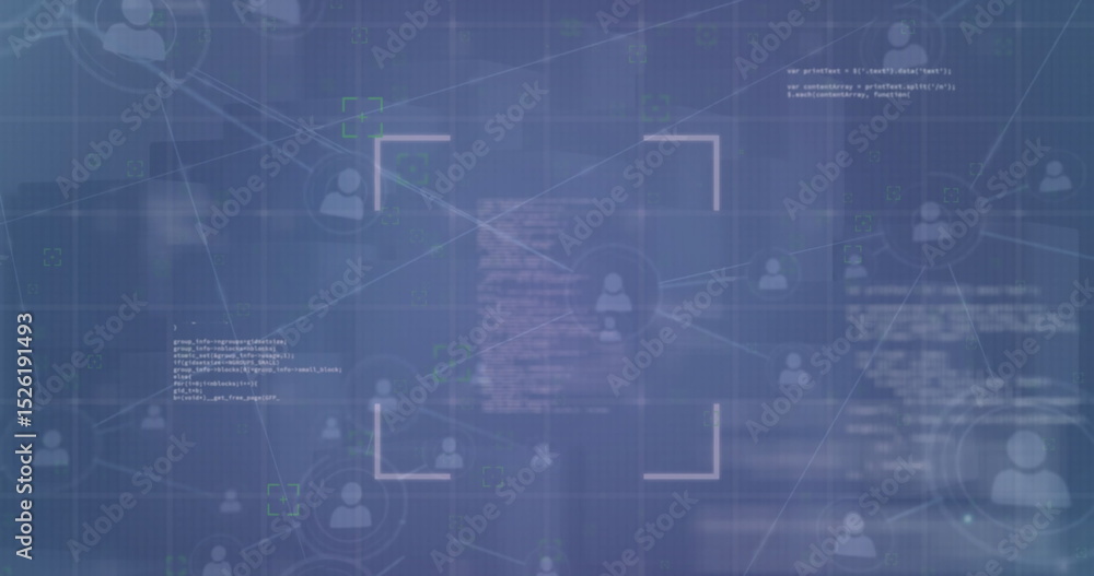 Poster scanning bracketed frame over interface, showing connected user icons, lines, code and neon markers