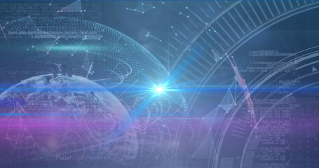 Image of pink and blue light trails over plexus networks and globe against blue background