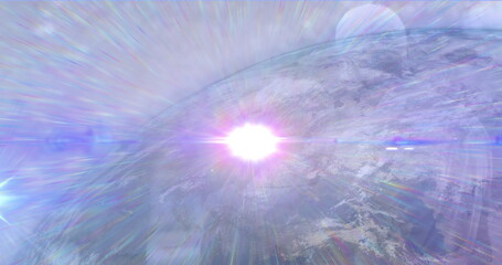 Image of pink light spot over globe against blue background