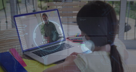 Image of round scanner and microprocessor connections against girl having a image call on laptop