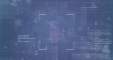 Scanning bracketed frame over interface, showing connected user icons, lines, code and neon markers