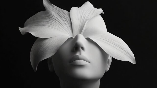 Elegant mannequin adorned with large white flower petals covering eyes against a dark backdrop
