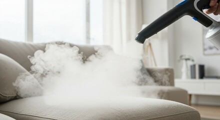 Close up of a person using a handheld steam cleaner to sanitize and refresh a fabric sofa in a modern living room. Deep cleaning upholstery for a hygienic home environment.
