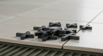 Close-up of tile installation process. Black plastic cross spacers on beige ceramic tiles being laid on adhesive for even grout lines during home renovation.
