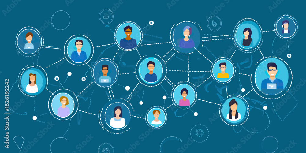 Poster social network connection concept with diverse user avatars linked by dotted lines on blue backgroun