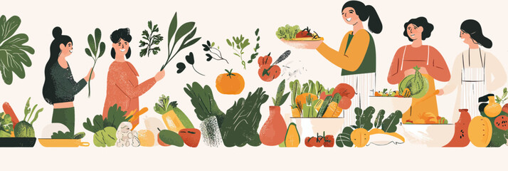 Fototapeta premium Group of diverse women preparing and cooking fresh healthy vegetables and salads with minimalist flat vector style emphasizing balanced vegetarian and vegan meals concept