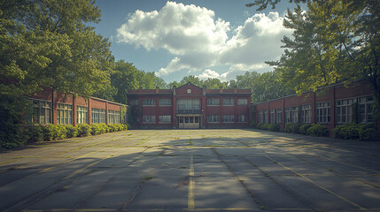 Abandoned school building surrounded by trees on sunny day, evoking nostalgia and tranquility